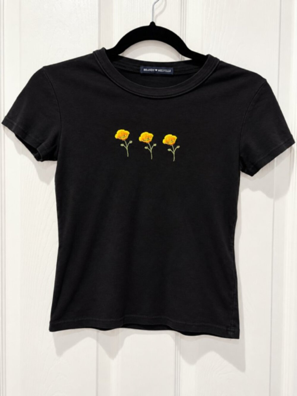 Brandy Melville Black Floral Baby Tee Embroidered Poppies Y2K Coquette
